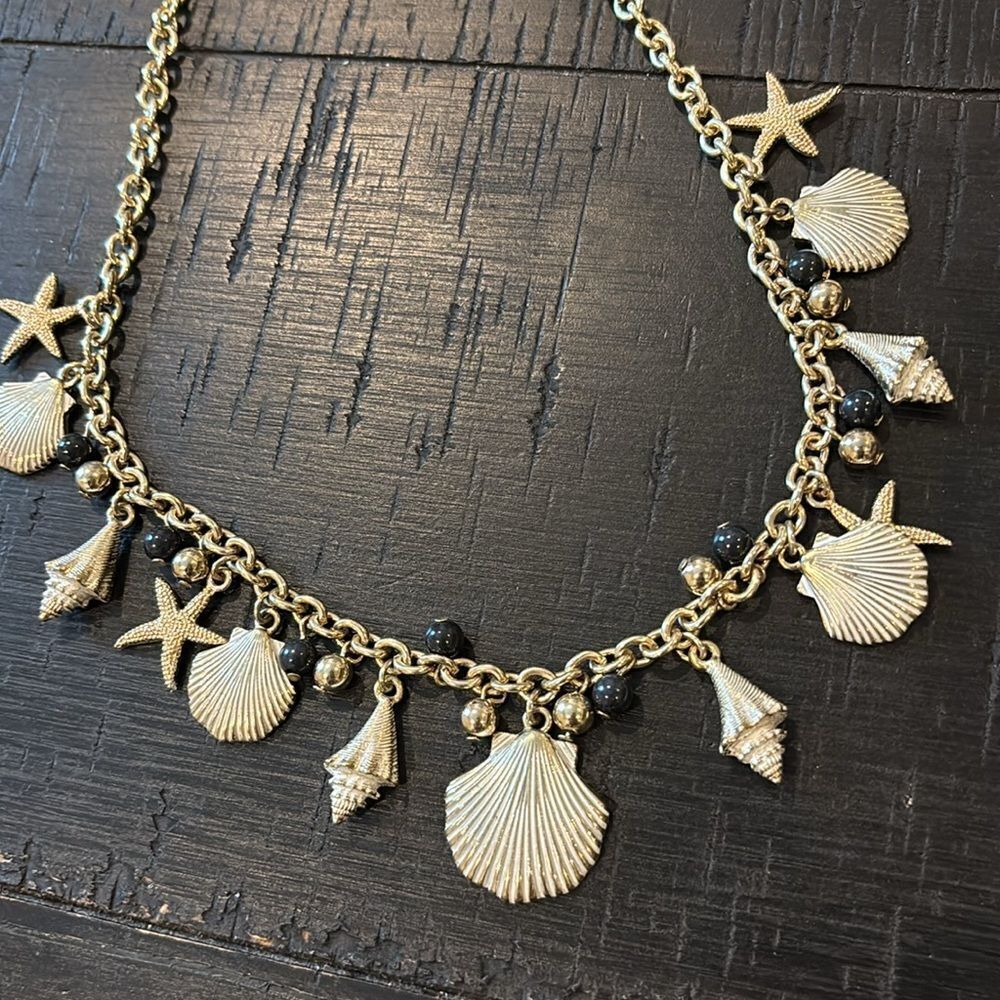 Vintage '1990's Talbot Bib Fashion Gold Tone Nautical Charm Necklace Shell Fish​